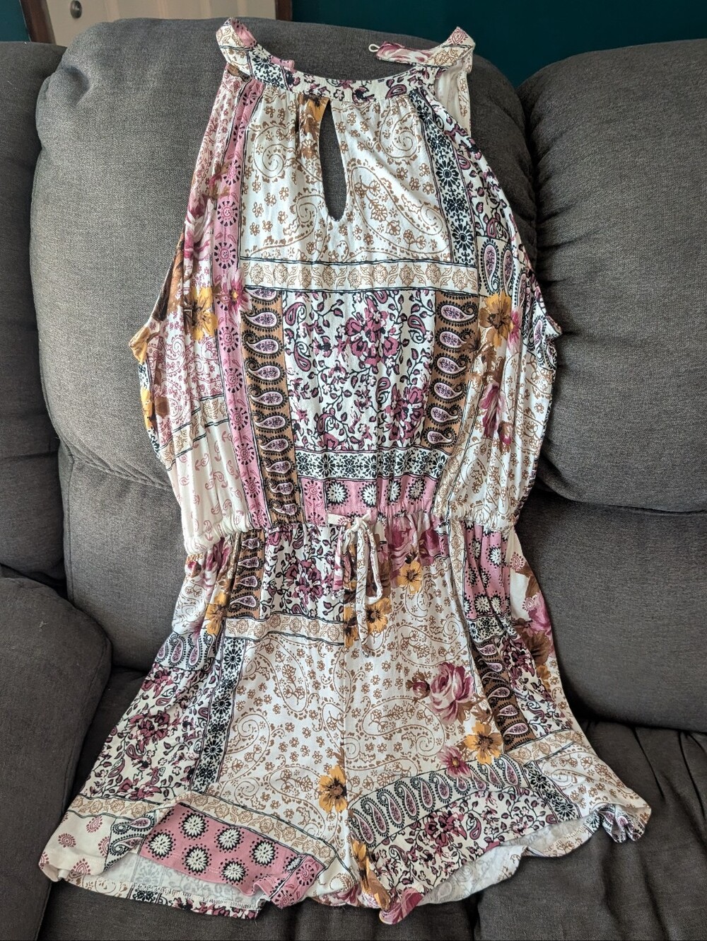 Maurices Boho Patchwork Floral Halter Romper in Cream, Pink & Gold